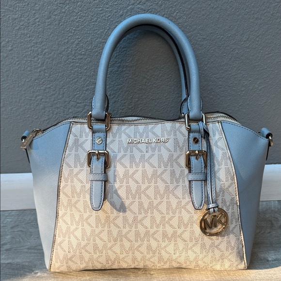 Michael Kors Signature Logo Light Blue and White Satchel Or Crossbody - Picture 1 of 16